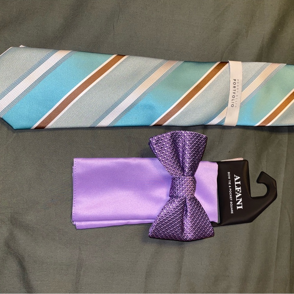 Perry Ellis Aqua, Brown & Striped Tie with Lavender Alfani Bow Tie set